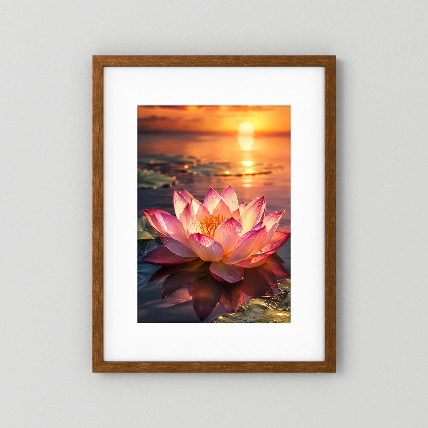 Poster im Hochformat mit pinker Lotusblüte bei Sonnenuntergang, brauner Holzrahmen