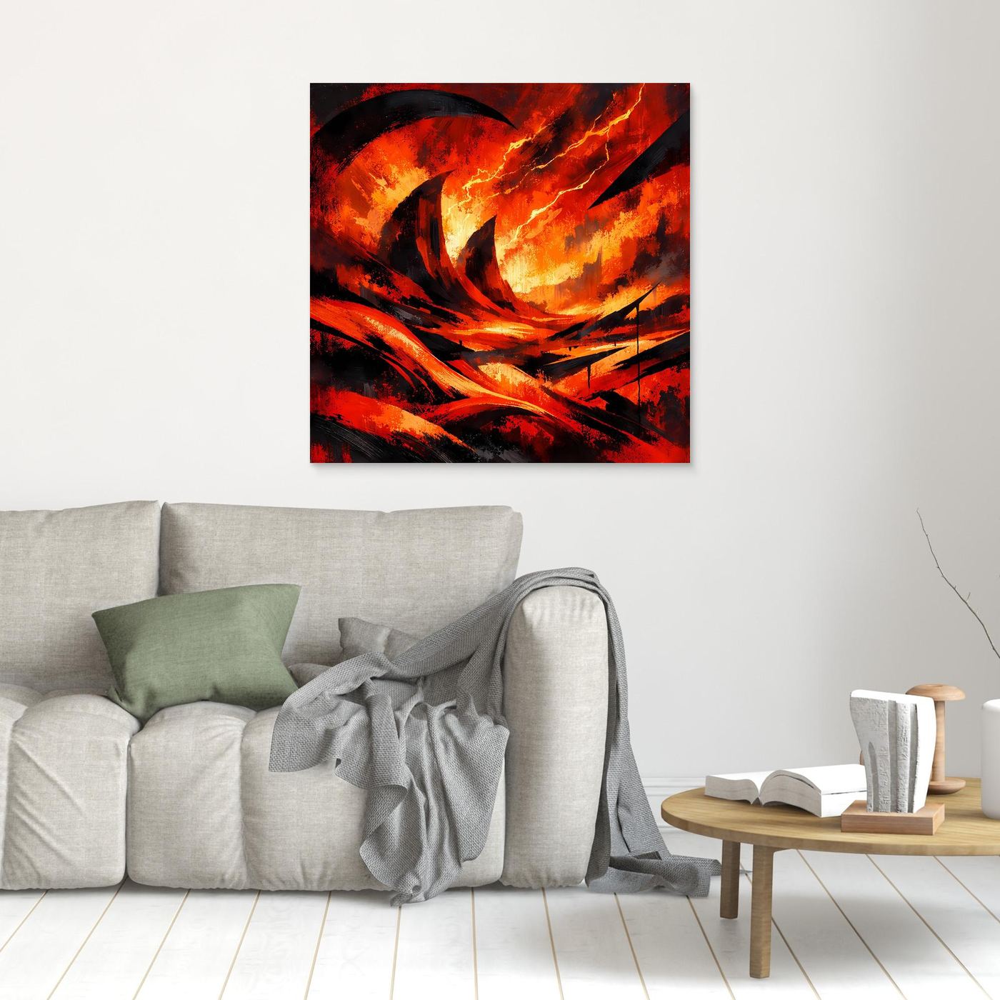 Abstraktes Wandbild mit Lava-Optik und Blitzen im Wohnraum, quadratisch