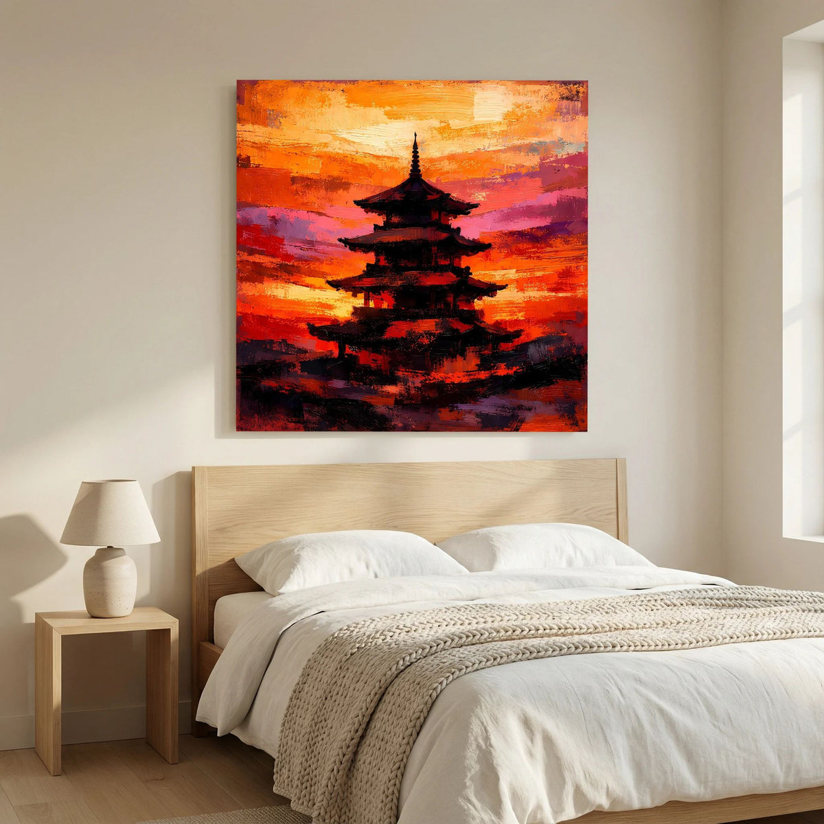 Leinwandbild mit japanischer Pagode, schwarze Silhouette auf warmem Orange-Pink Abstrakt