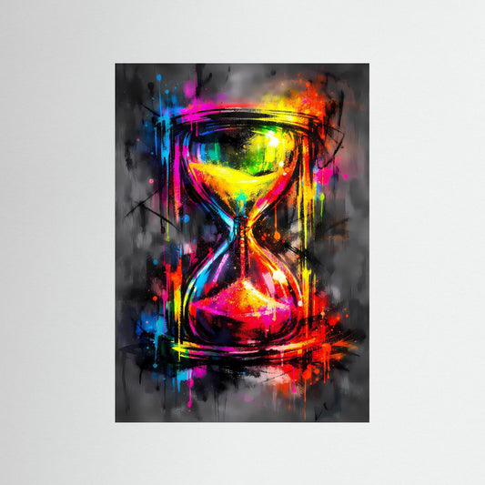 Die Farbe der Zeit | Neon-Sanduhr Poster in bunten Farben & Graffiti-Optik | Abstraktes Kunstposter Hochformat