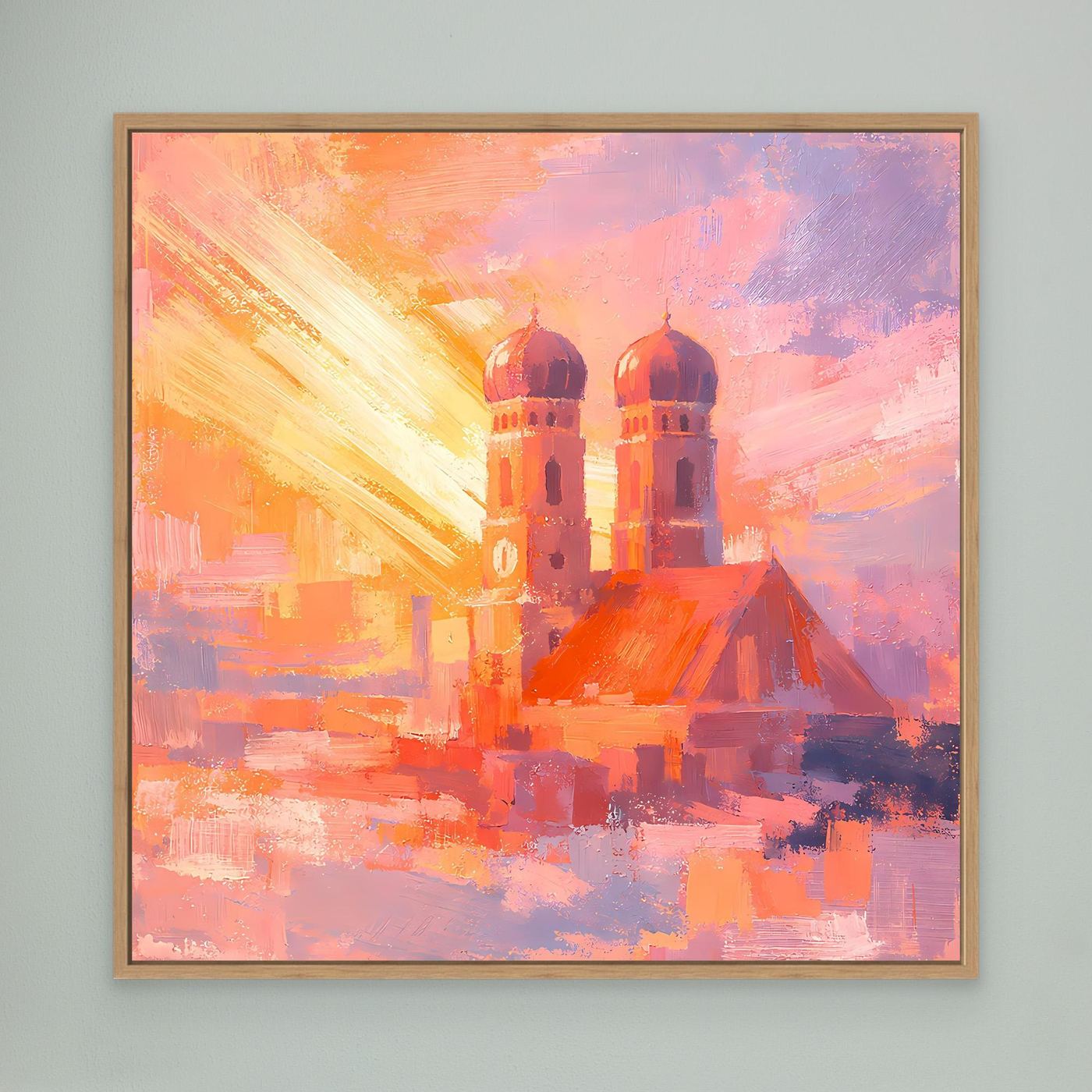 Premium Leinwand Frauenkirche München im Sonnenaufgang | Abstraktes Skyline Wandbild Bayern