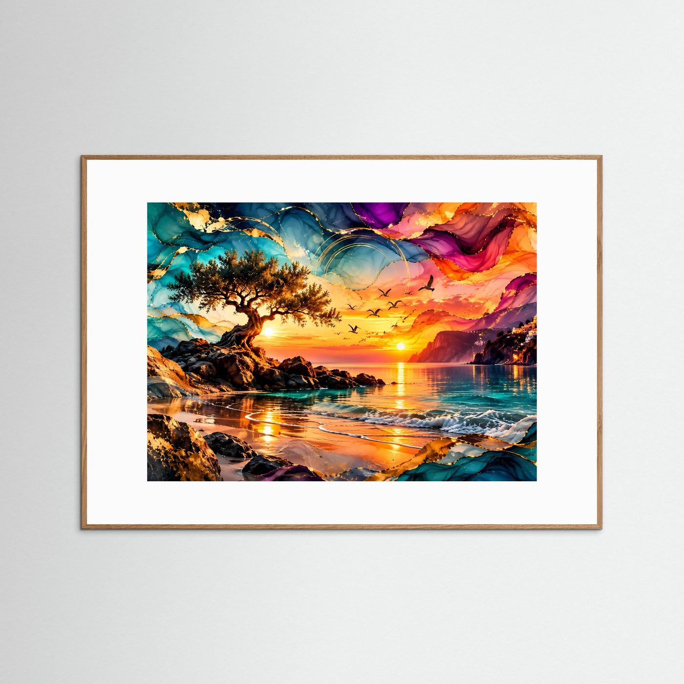 Mediterrane Küste Poster | Abstrakter Sonnenuntergang am Meer | Traumstrand Wandbild | Farbenfrohe Küstenlandschaft Leinwand | Luxuriöse Wall Art