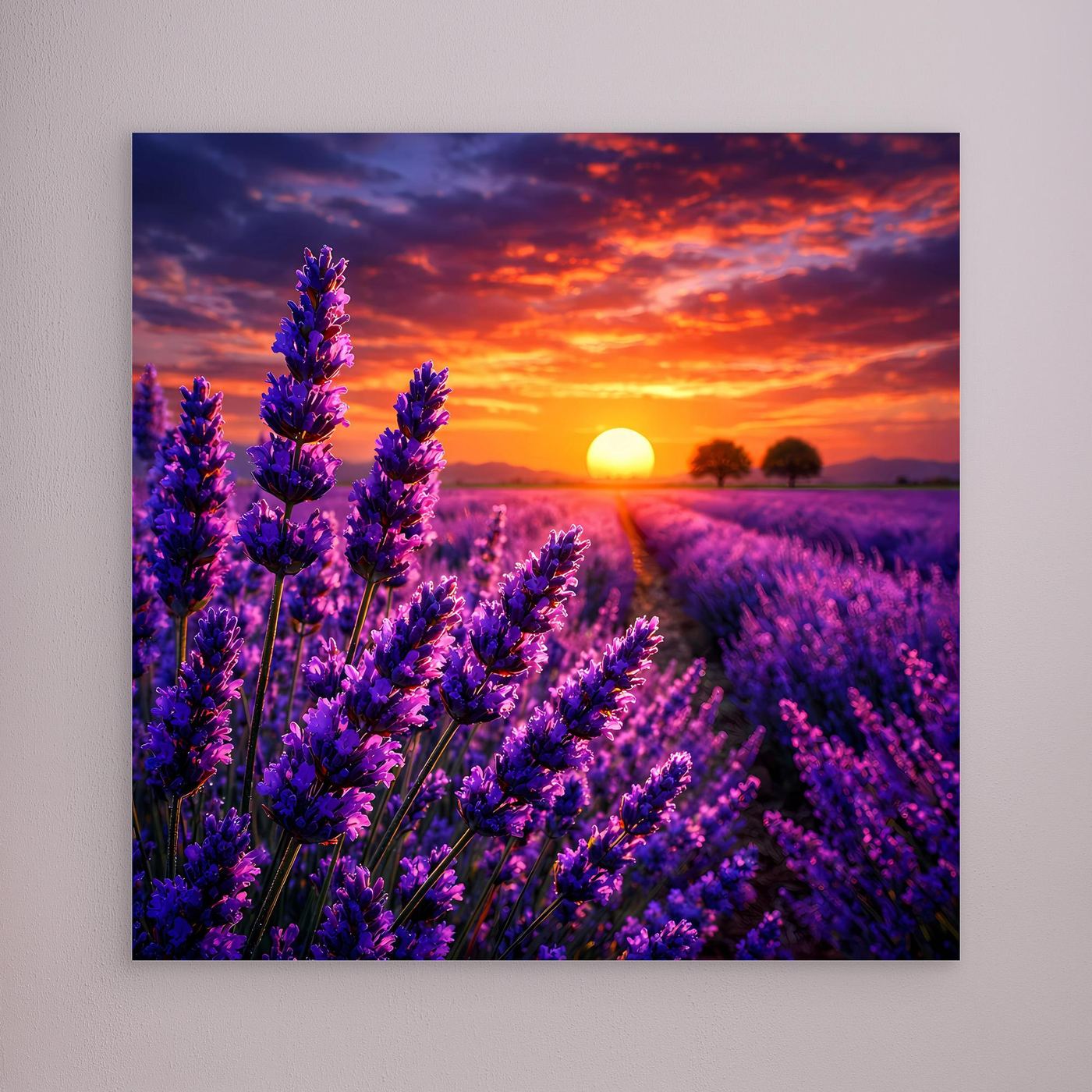 Leinwand-Wandbild mit Lavendelfeld und Sonne im Sonnenuntergang, ohne erkennbaren Rahmen.