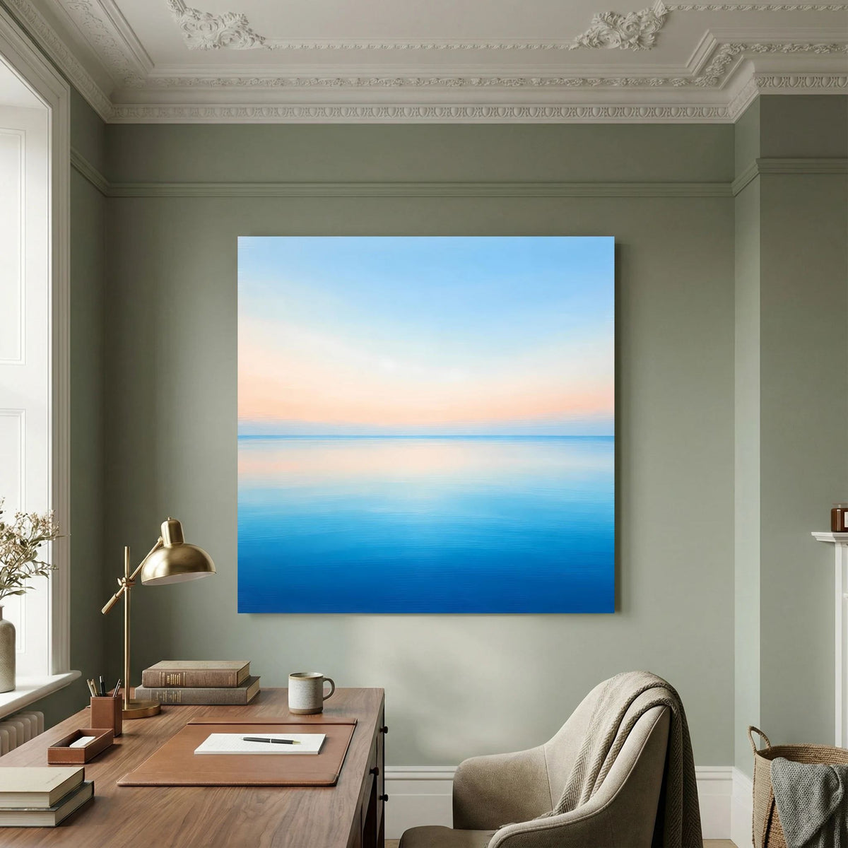 Quadratisches Leinwandbild mit abstraktem Meereshorizont in Pastellfarben
