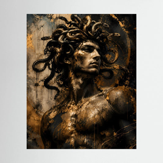 Hochformat-Poster mit Männerporträt und Schlangen in Schwarz und Gold