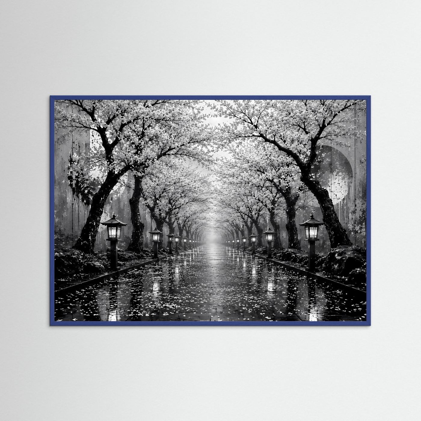 Kirschblütenallee Schwarz-Weiß | Japanisches Wandbild mit Laternen im Regen