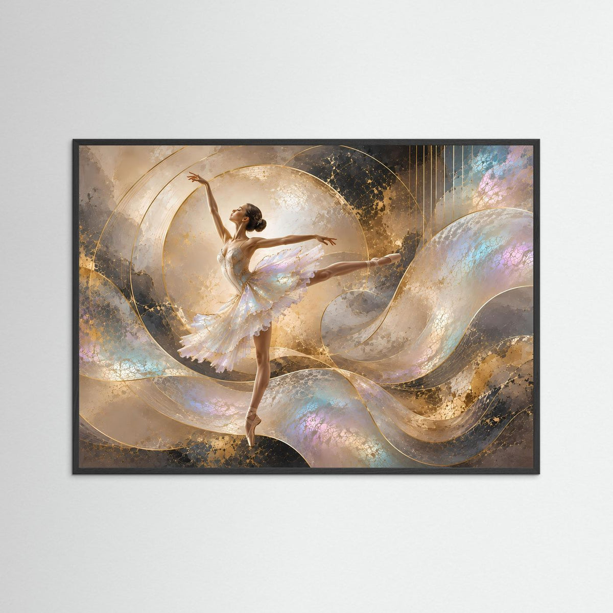 Ballett-Wandkunst mit Ballerina im Schleier, Perlmutt- und Goldfarben, schwarzer Rahmen
