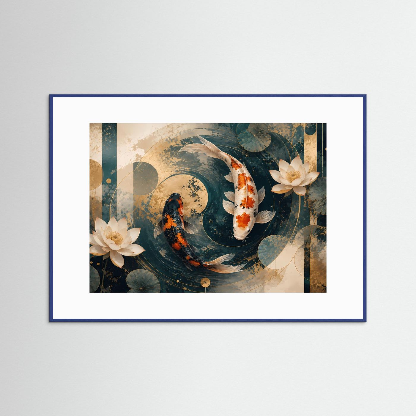 Koi Poster Querformat | Japanische Koi-Fische mit Lotusblüten in Petrol, Creme & Gold | Elegantes asiatisches Wandbild mit abstrakter Wasserlandschaft