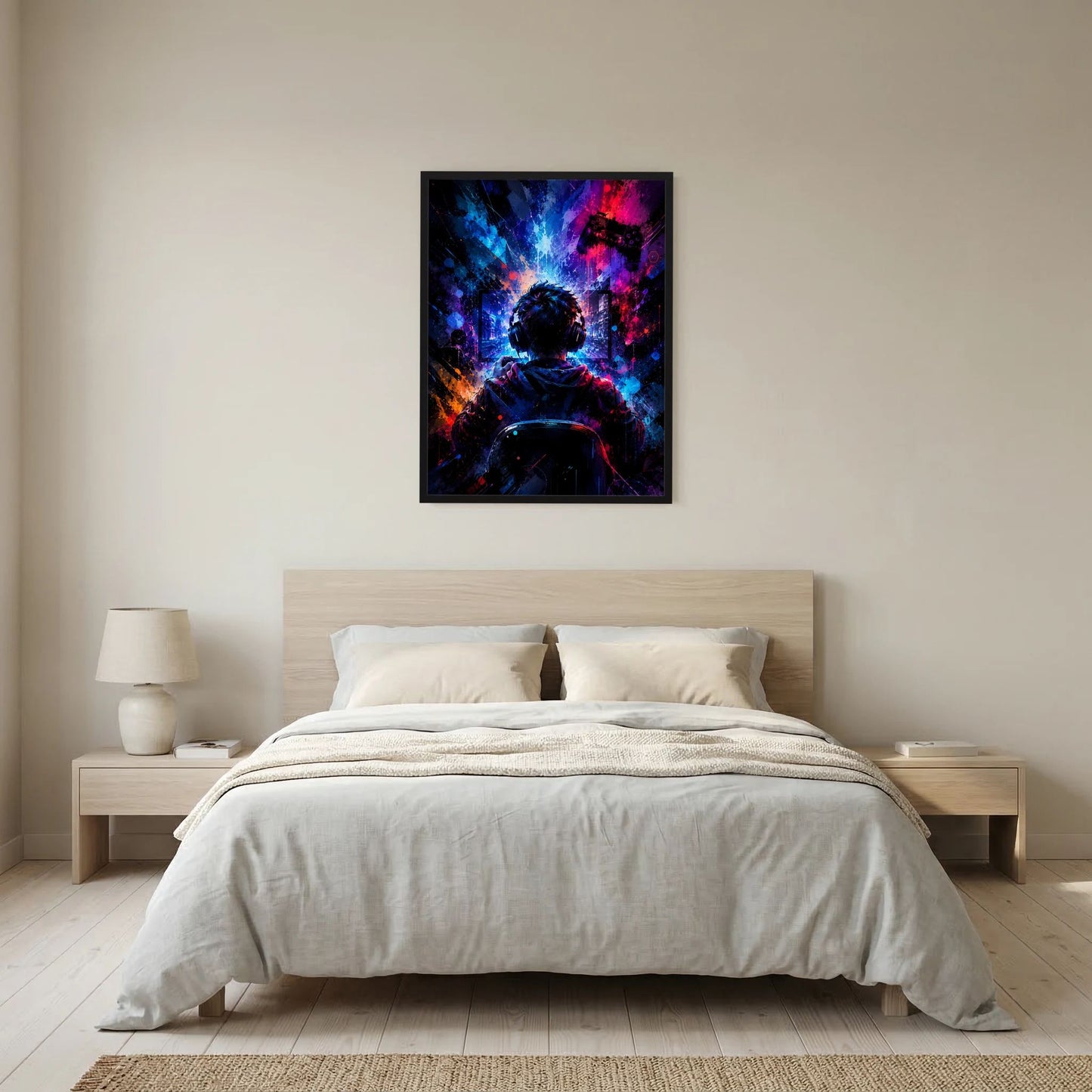 Wandposter mit schwarz gerahmter Grafik eines Gamers mit Headset und Controller in Neonfarben