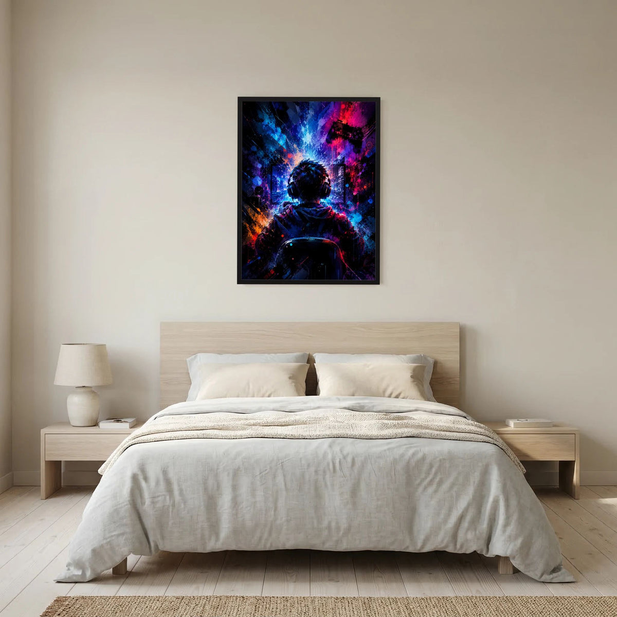 Wandposter mit schwarz gerahmter Grafik eines Gamers mit Headset und Controller in Neonfarben