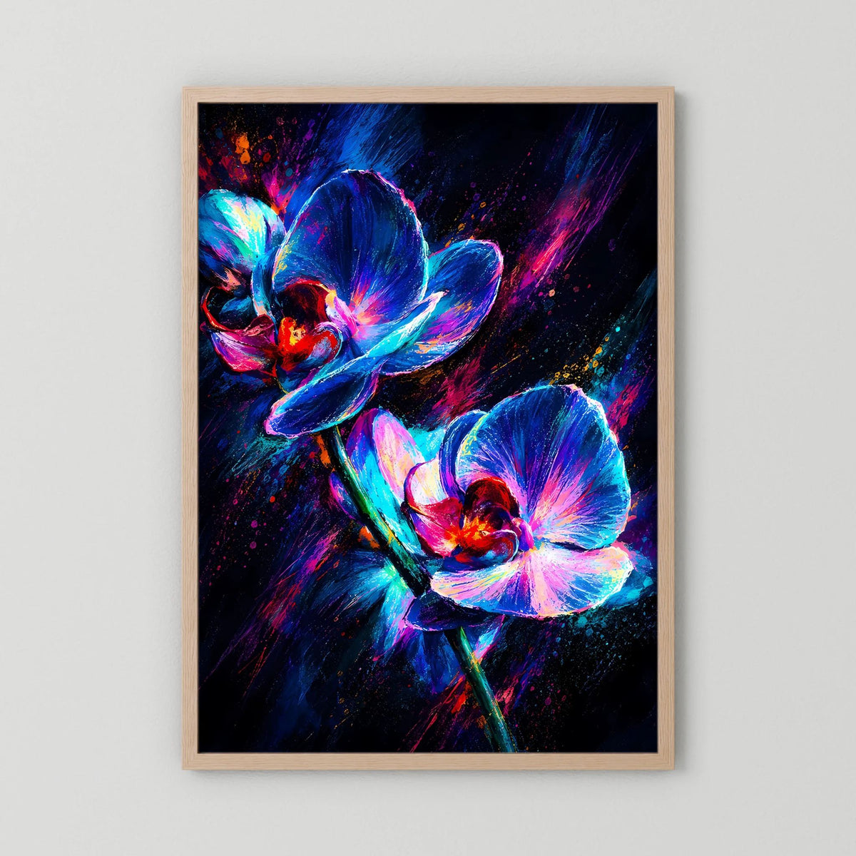 Hochformat-Poster: Neon-Orchideen in Blau & Pink, abstrakte Blumen, Holzrahmen