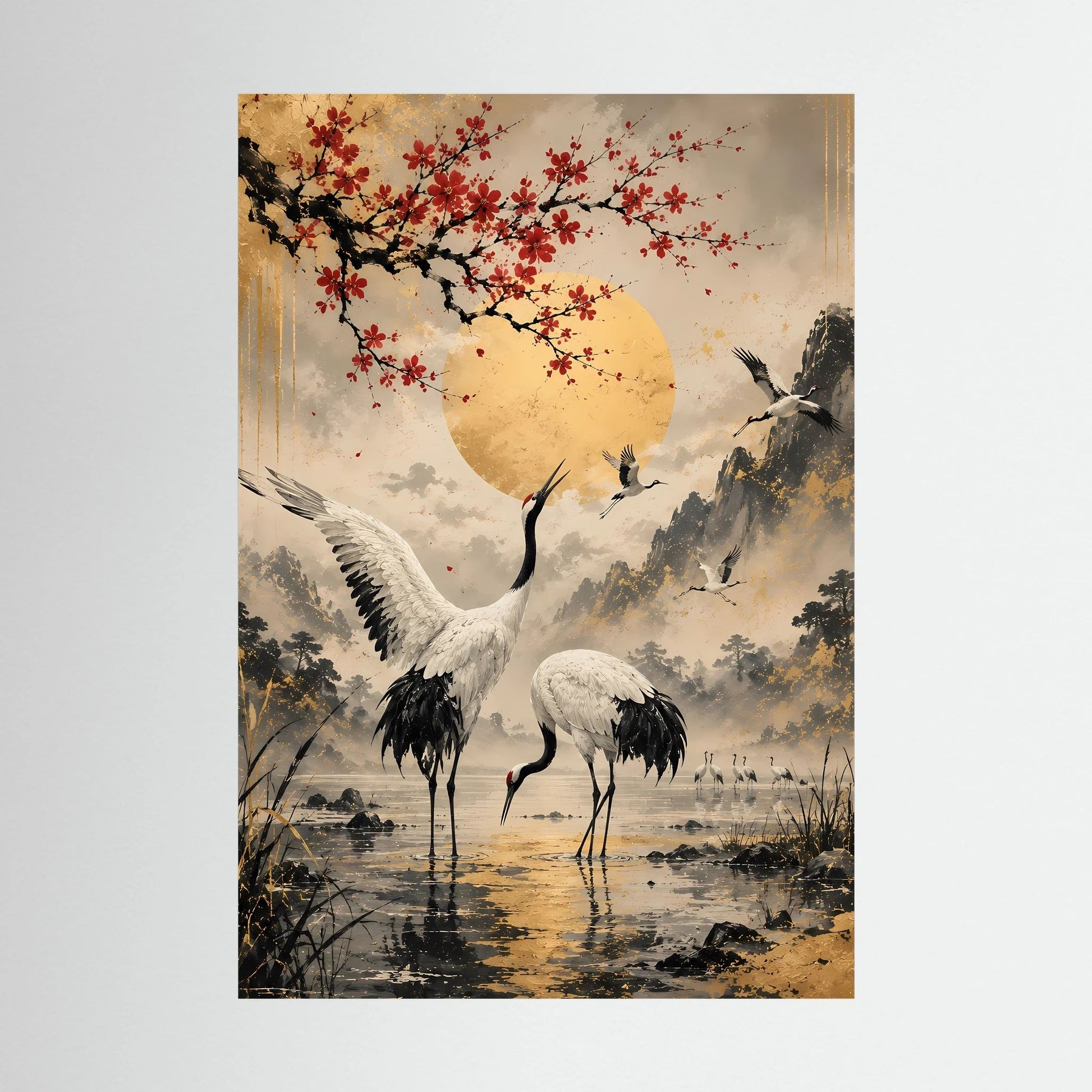 Poster im Hochformat: Kraniche unter goldener Sonne mit roten Blüten