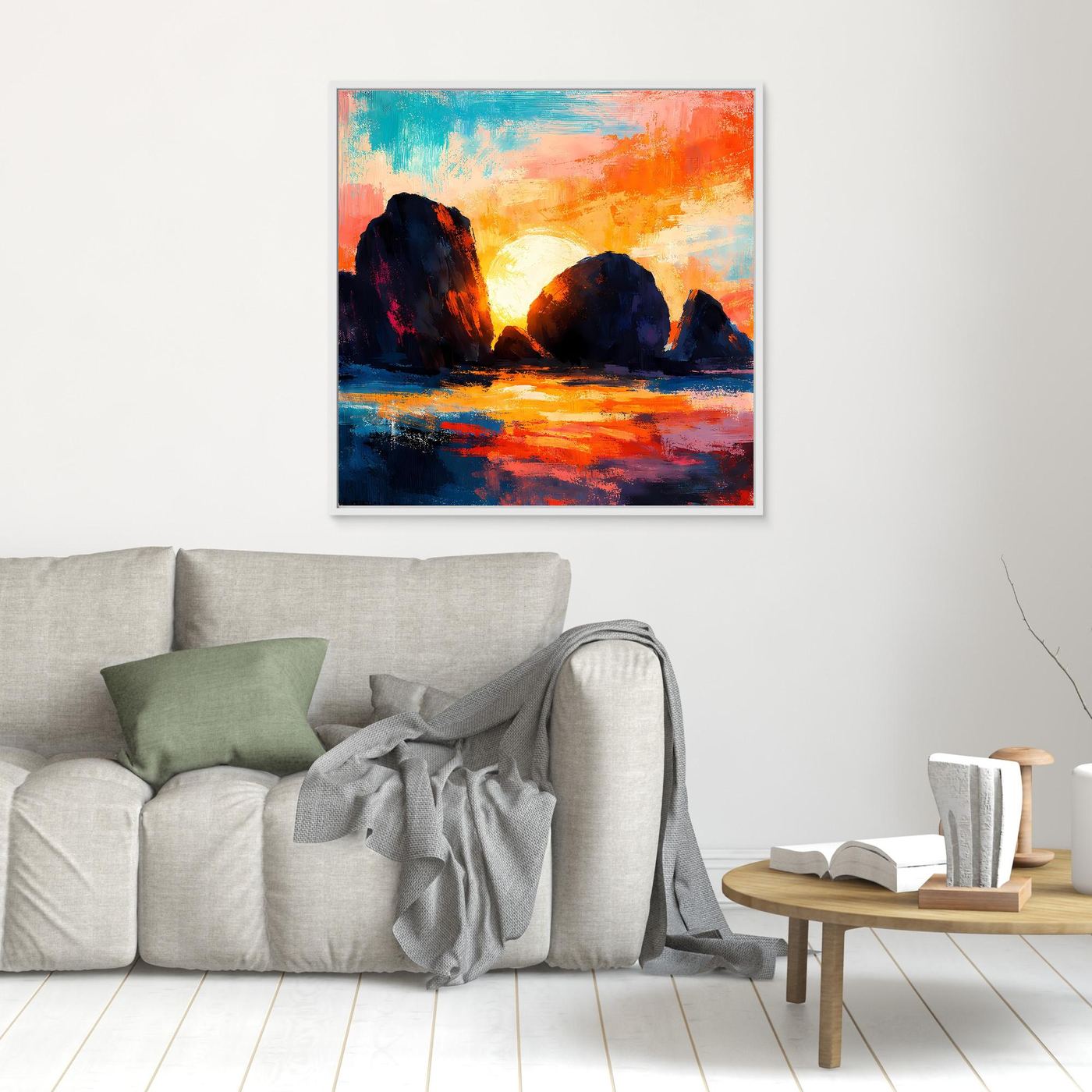 Leinwandbild mit abstrakter Küste und Sonnenuntergang, kleine Darstellung, weißer Rahmen.