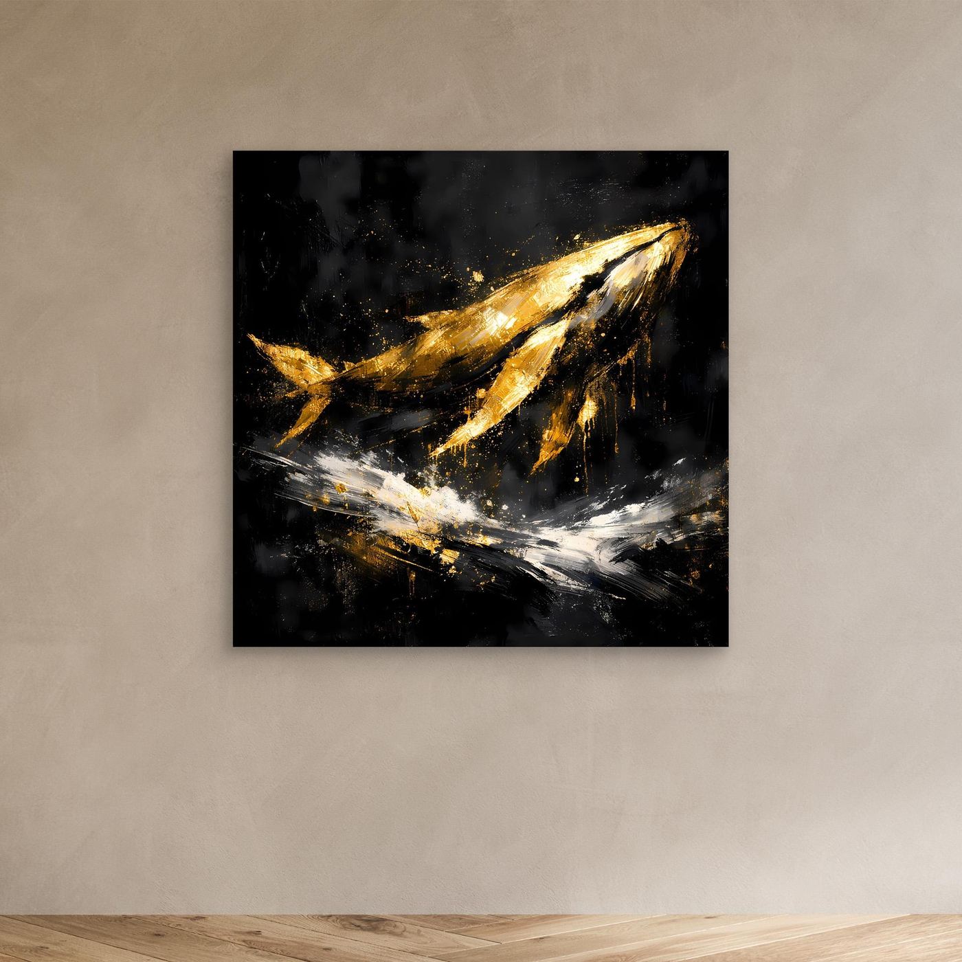 Leinwand Majestätischer Wal in Gold und Schwarz | Modernes Abstraktes Meeres Wandbild