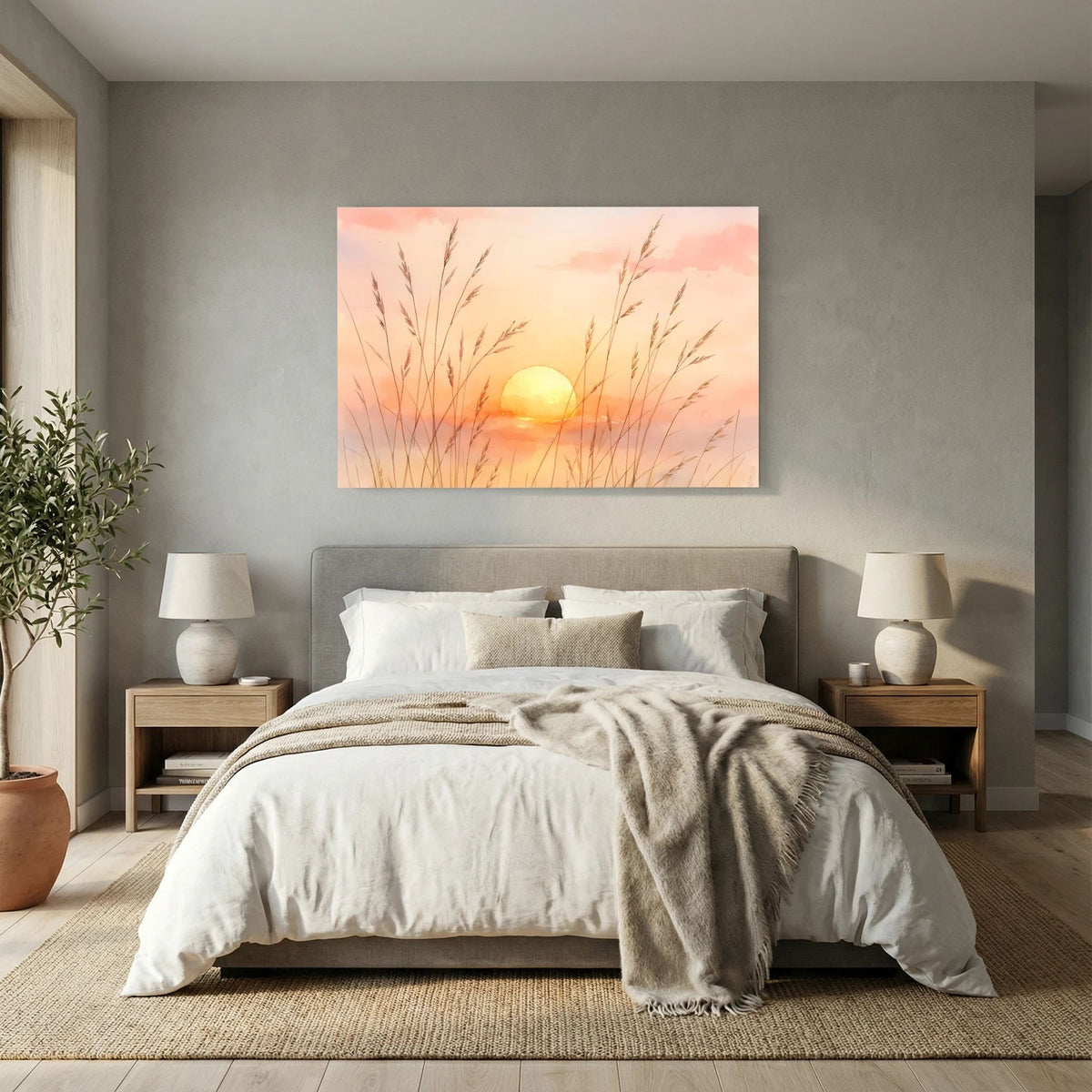 Aquarell-Wandbild im Querformat: goldene Sonne hinter Gräsern bei sanftem Abendlicht