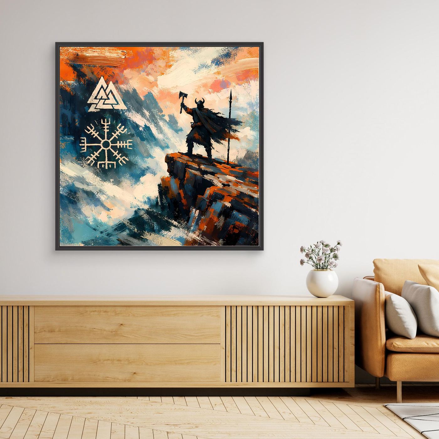 Wandbild: Wikinger auf Klippe mit Vegvisir/Kompass, schwarz gerahmt
