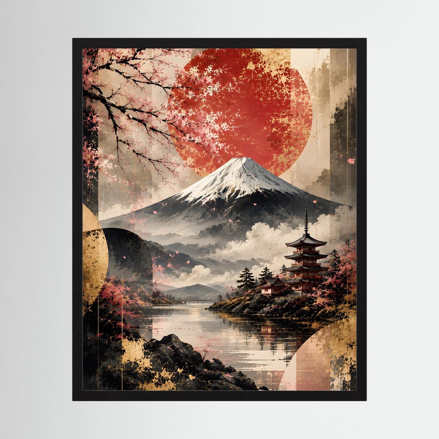 Japanisches Poster im Hochformat mit Fuji, roter Sonne, Kirschblüten und Pagode, im schwarzen Rahmen.