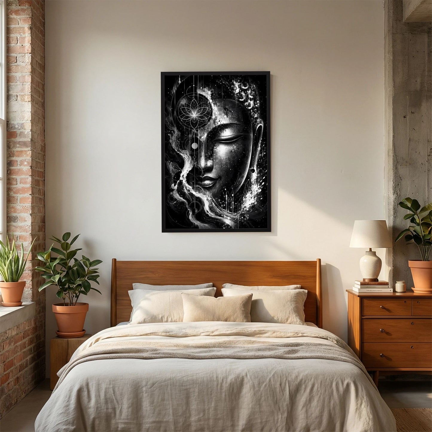 Poster mit abstraktem Buddha-Gesicht in Schwarzweiß, schwarzer Rahmen, Hochformat