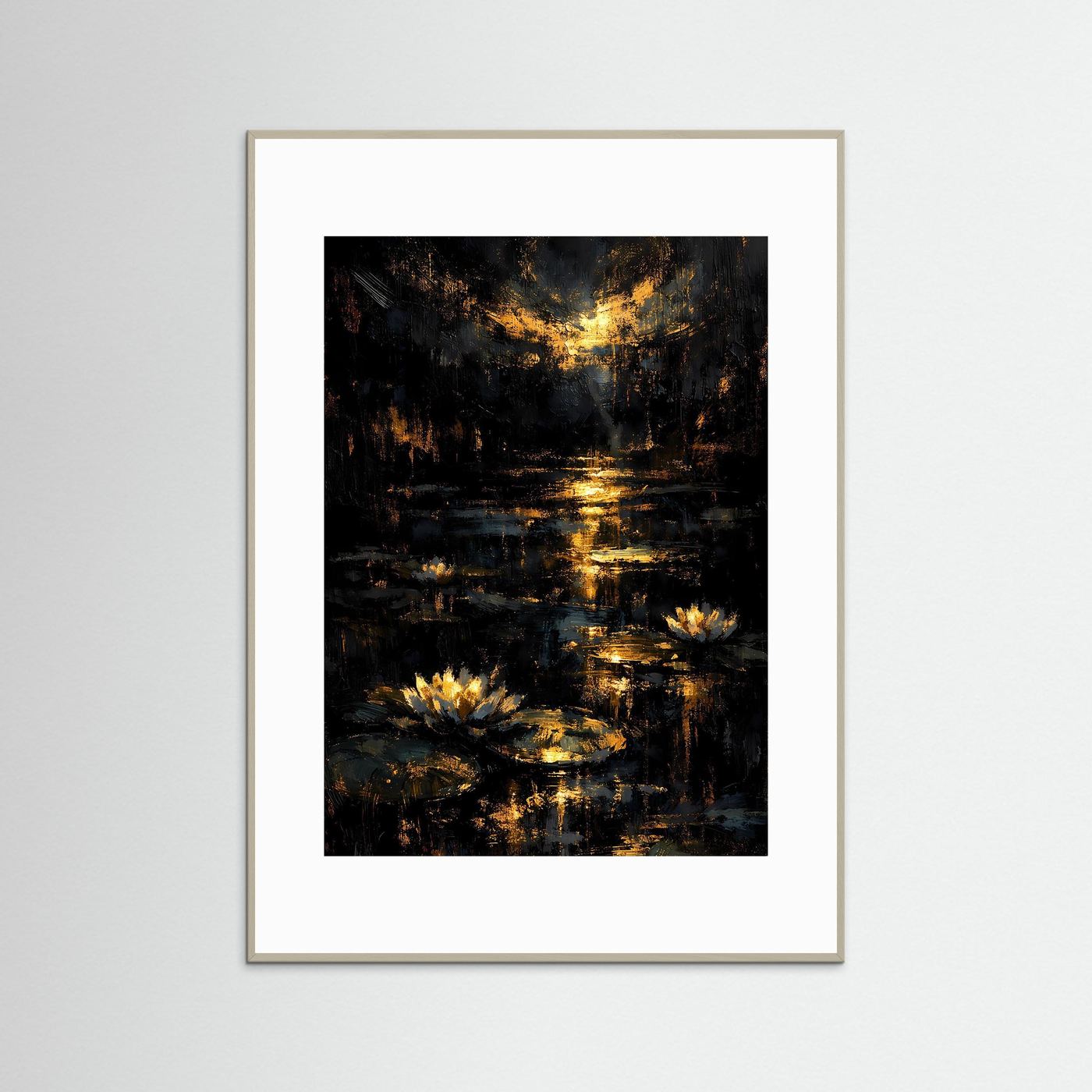Poster mit Seerosenmotiv in Gold auf dunklem Hintergrund, grauer Rahmen