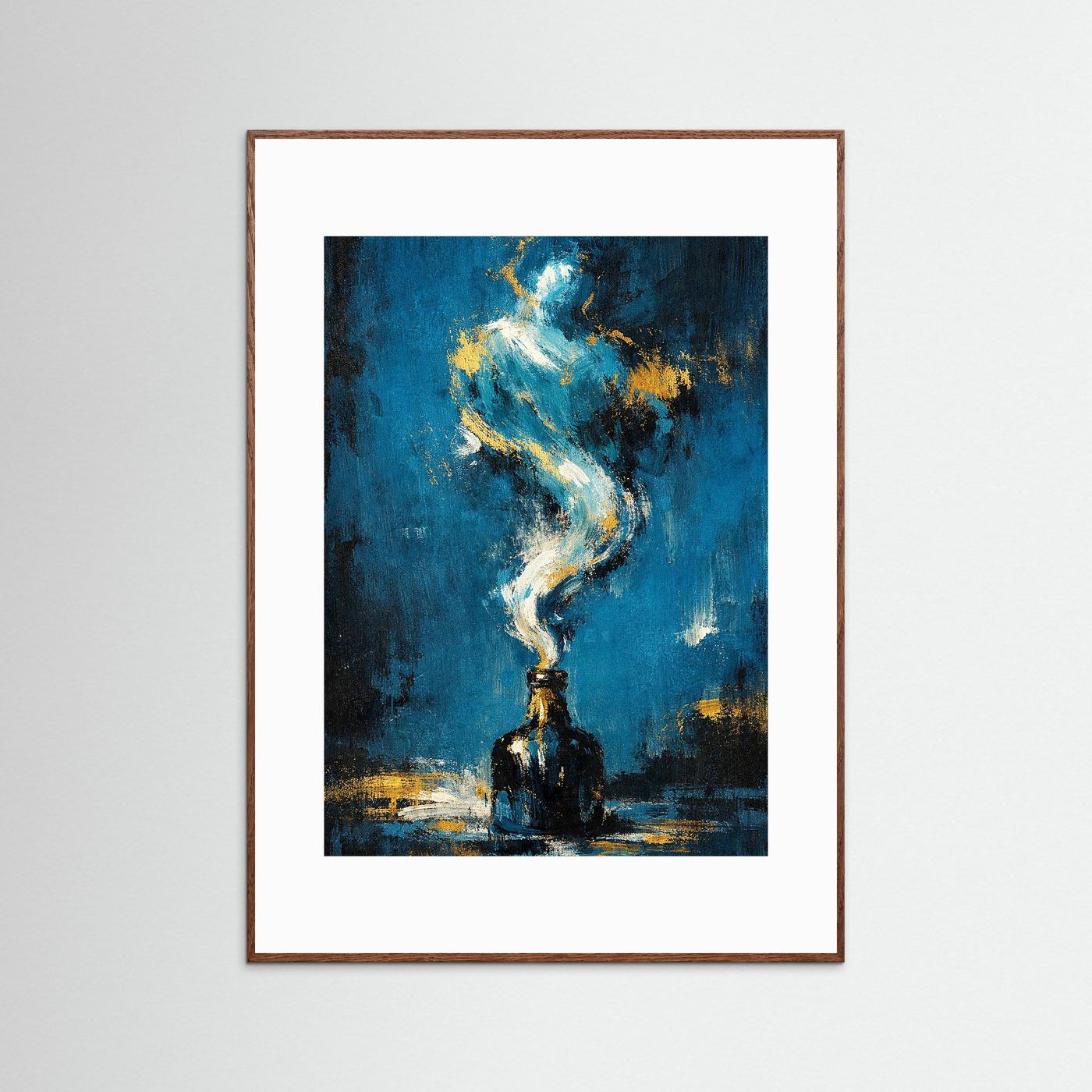 Hochformatiges Kunstposter im dunkelbraunen Holzrahmen, abstrakter Dschinn in Blau mit Goldakzenten.