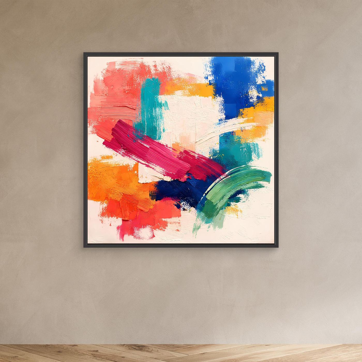 Abstract canvas wall art in a black frame with red, blue, green, yellow brush strokes