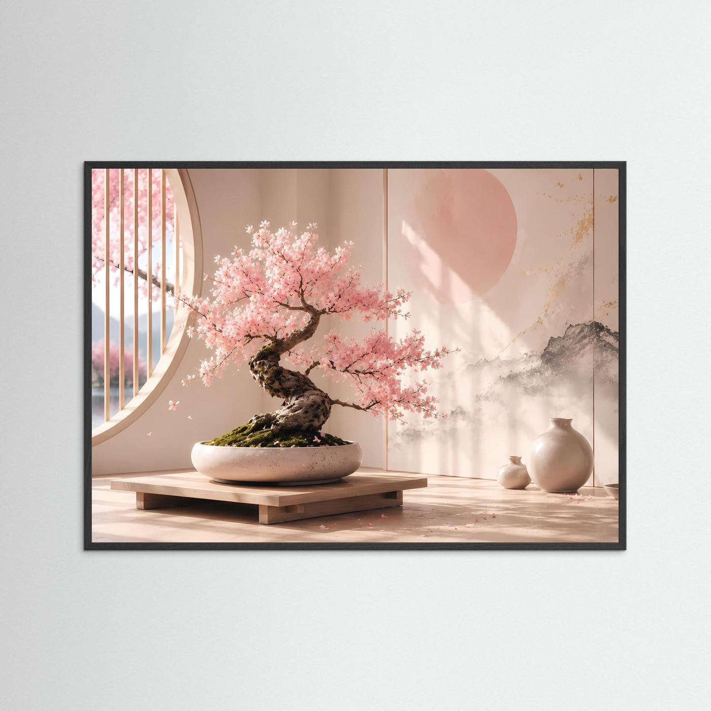 Querformat-Poster mit Kirschblüten-Bonsai im schwarzen Rahmen, rosa Blüten, Vasen.