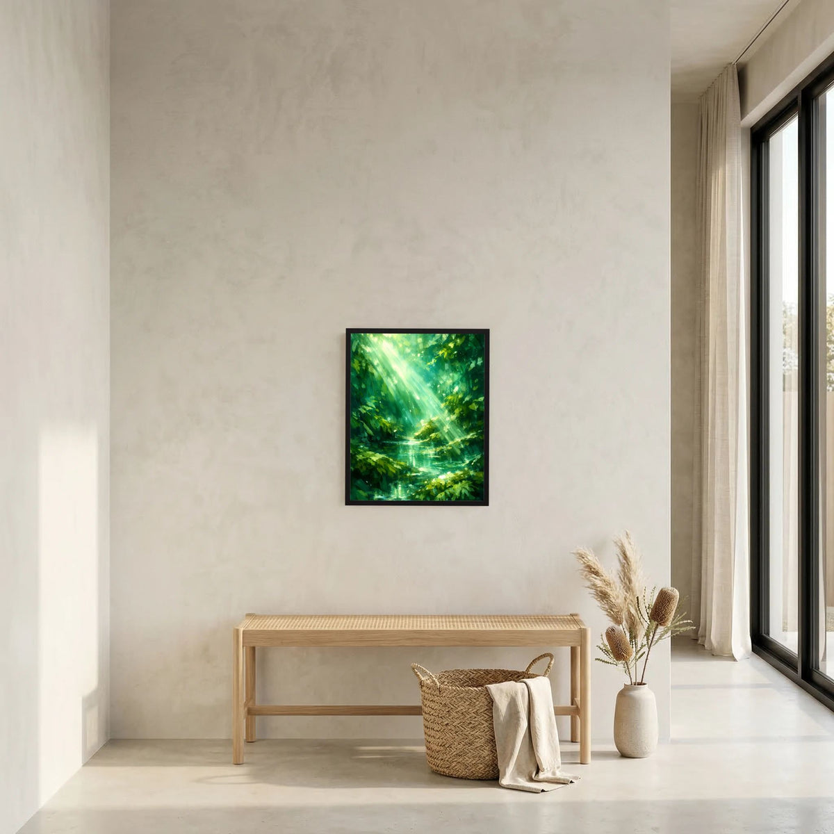 Wandposter im Hochformat mit grünem Waldsee und Sonnenstrahlen im dunklen Rahmen