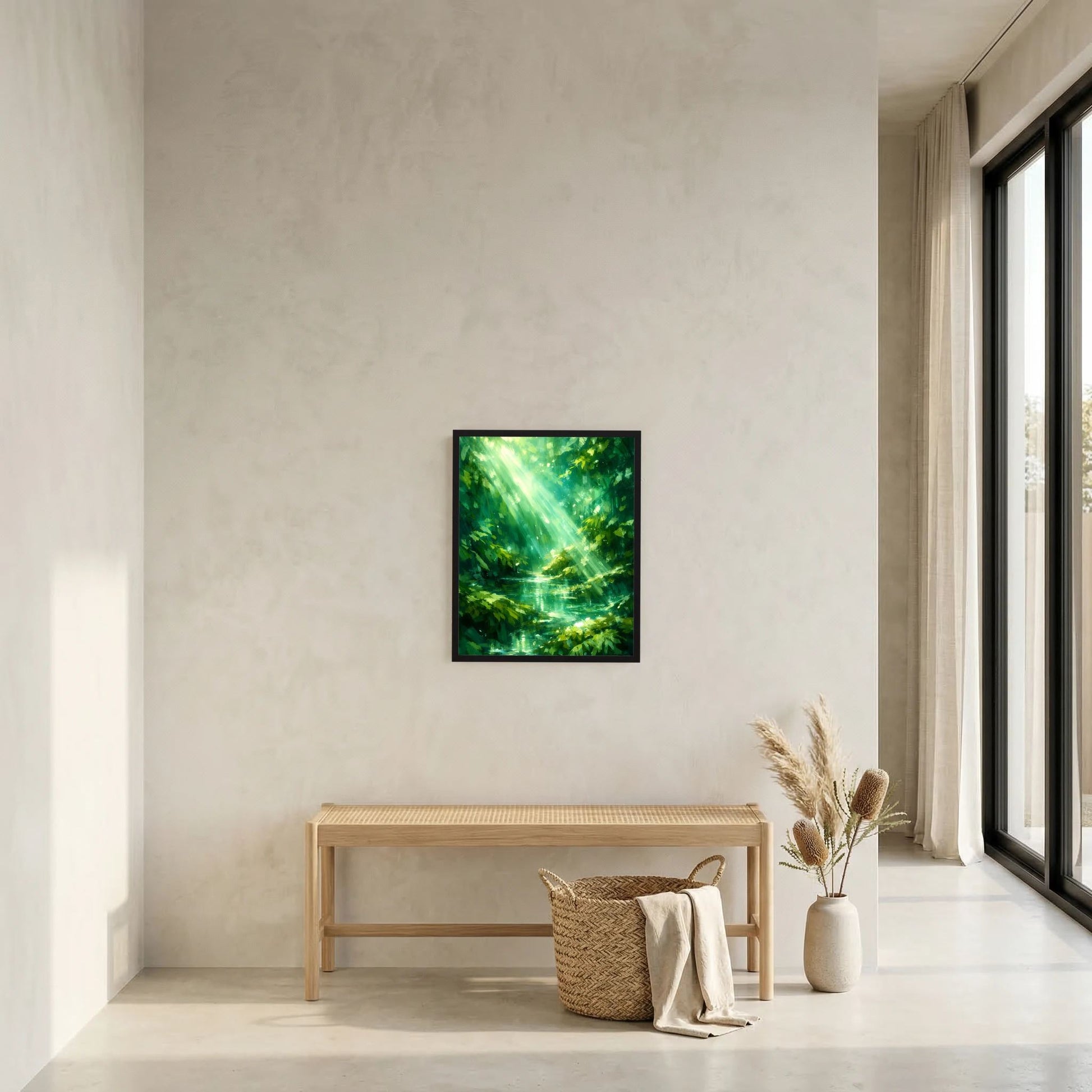 Wandposter im Hochformat mit grünem Waldsee und Sonnenstrahlen im dunklen Rahmen