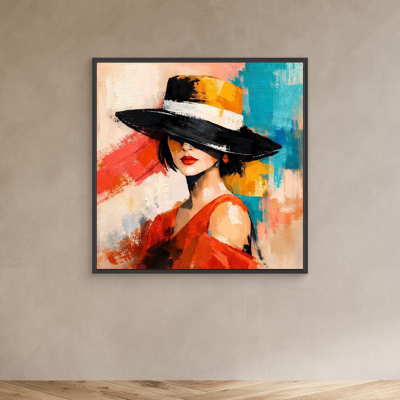 Black-framed canvas wall art featuring a woman in a red dress and black hat