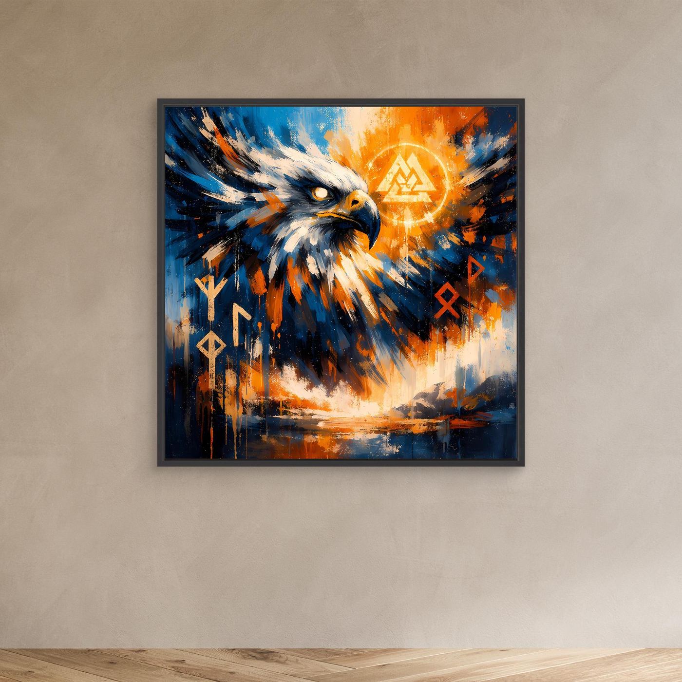 Abstraktes Leinwand-Wandbild mit nordischem Adler in Blau und Orange, schwarzer Rahmen
