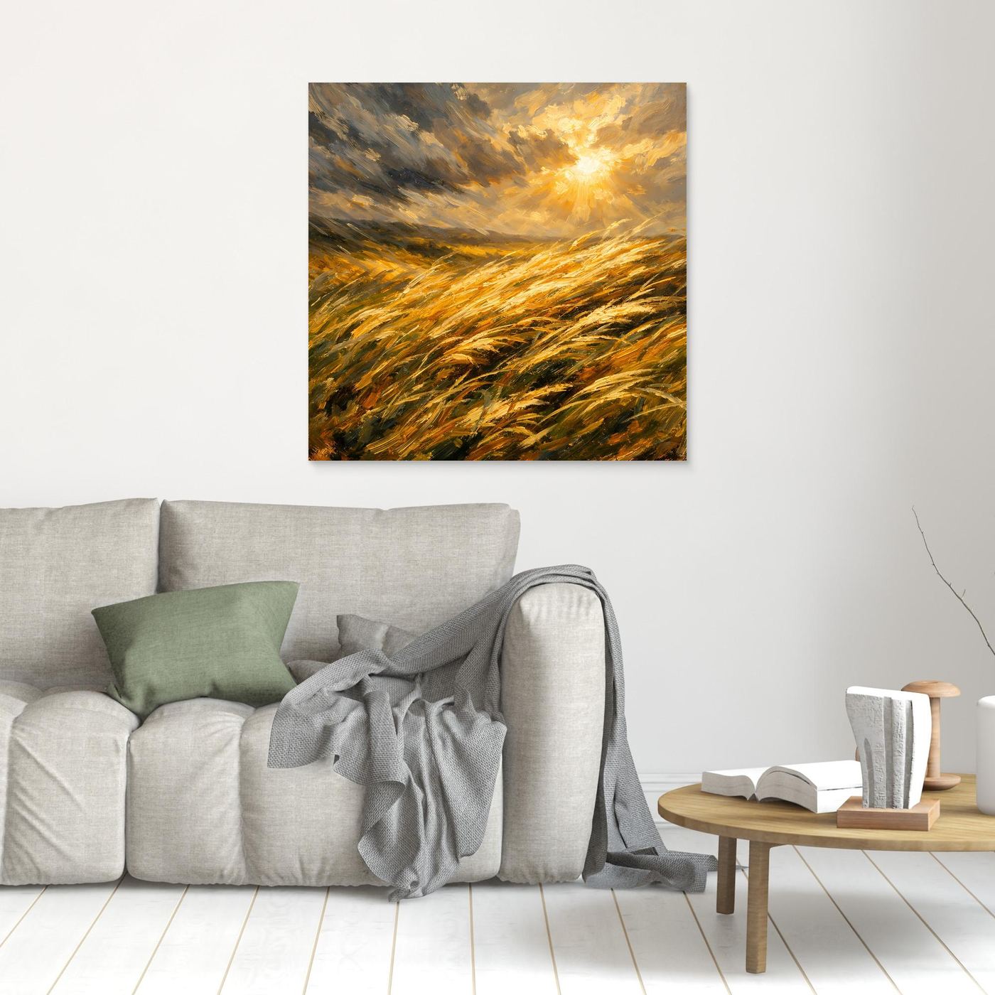 Leinwandbild mit goldenem Getreidefeld im Wind und leuchtender Sonne, quadratisch, ohne Rahmen