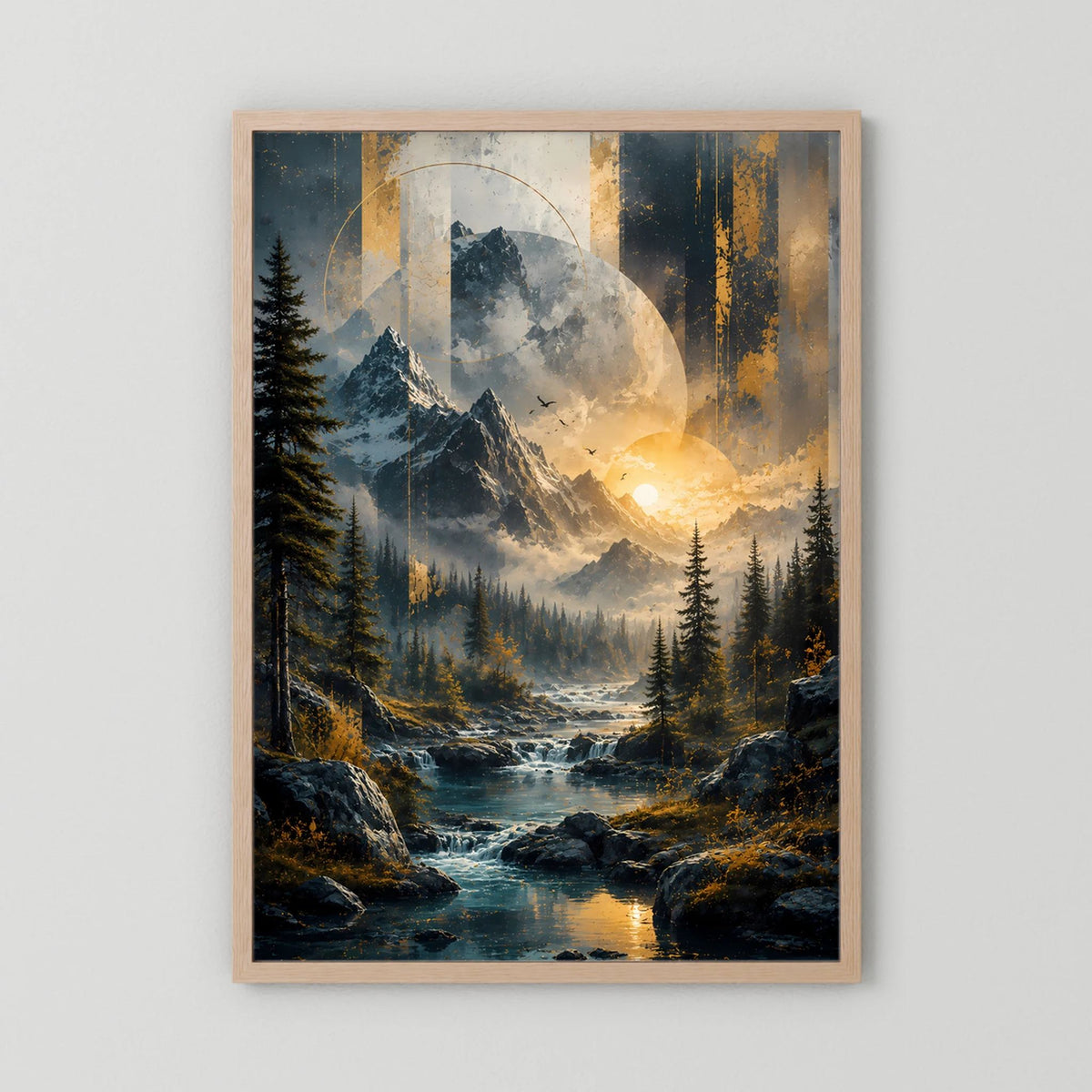 Poster Hochformat mit Berglandschaft, Fluss und goldenem Sonnenaufgang, heller Holzrahmen