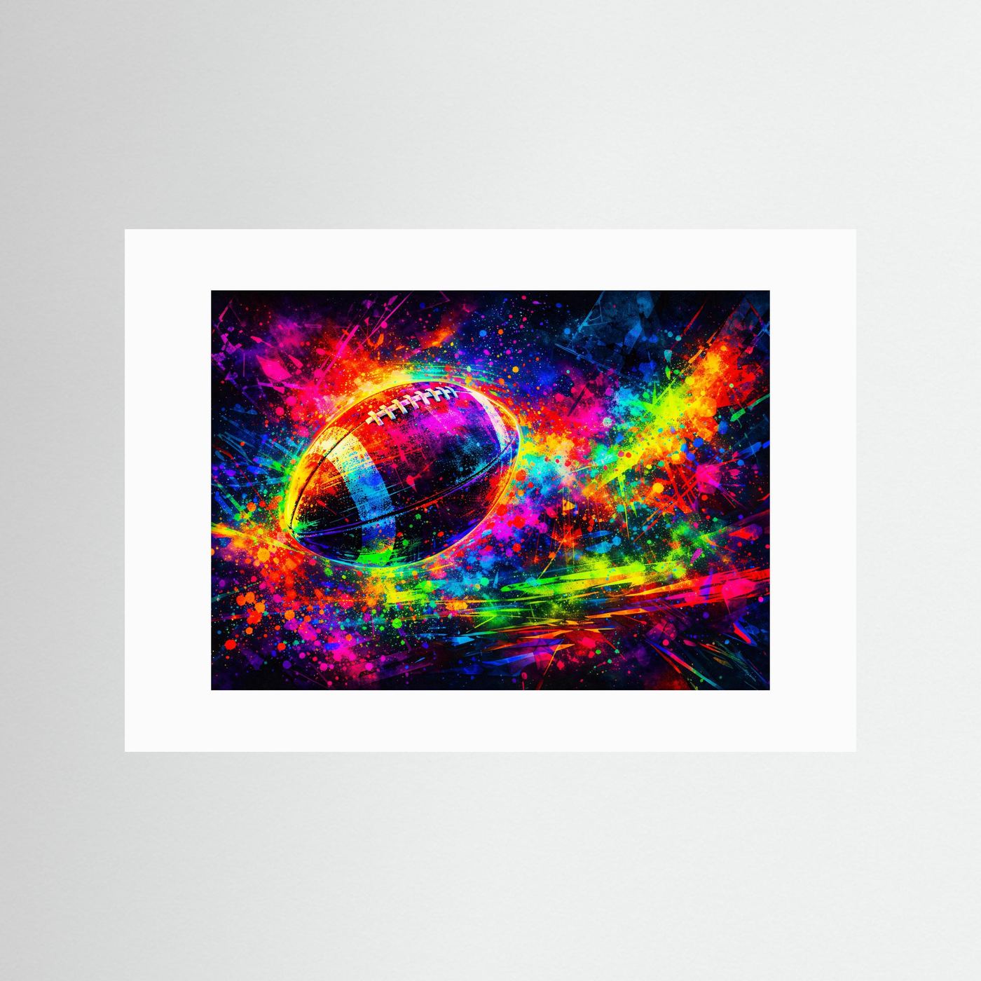 Neon-Sportposter mit Fußball-Motiv in bunten Farbspritzern mit weißem Passepartout