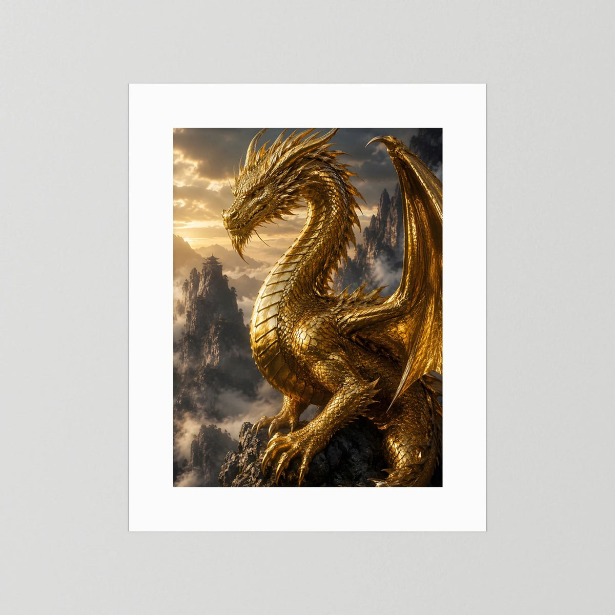 Kunstposter im Hochformat: goldener Drache mit Schuppen, ohne Rahmen, weiß
