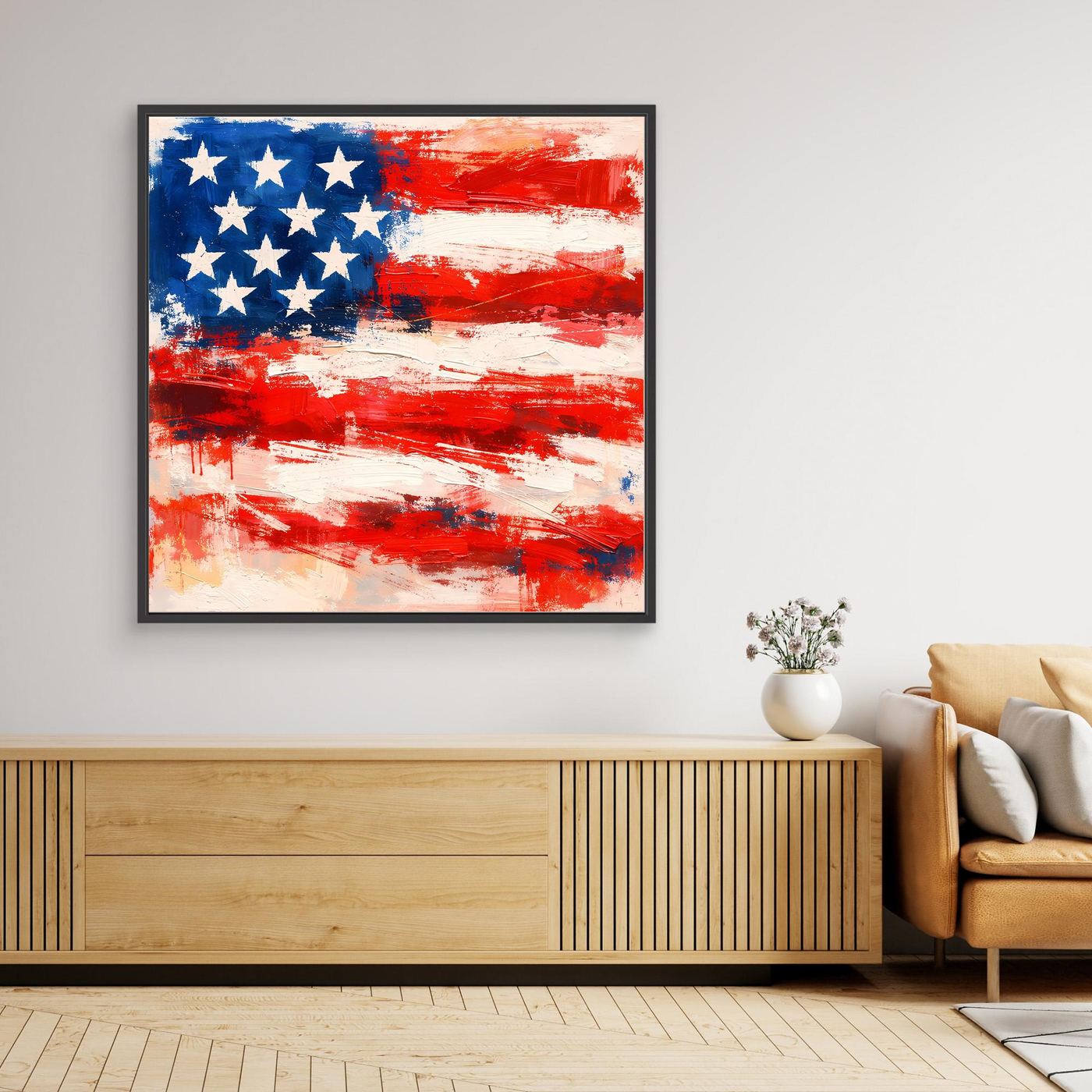 Abstract USA flag canvas wall art, blue stars and red/white brush stripes, black frame