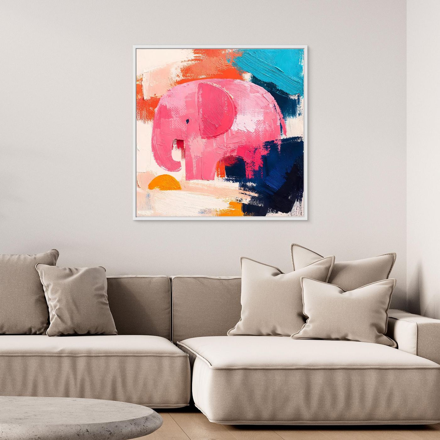 Abstract elephant canvas painting with pink elephant, teal and dark blue strokes, white frame