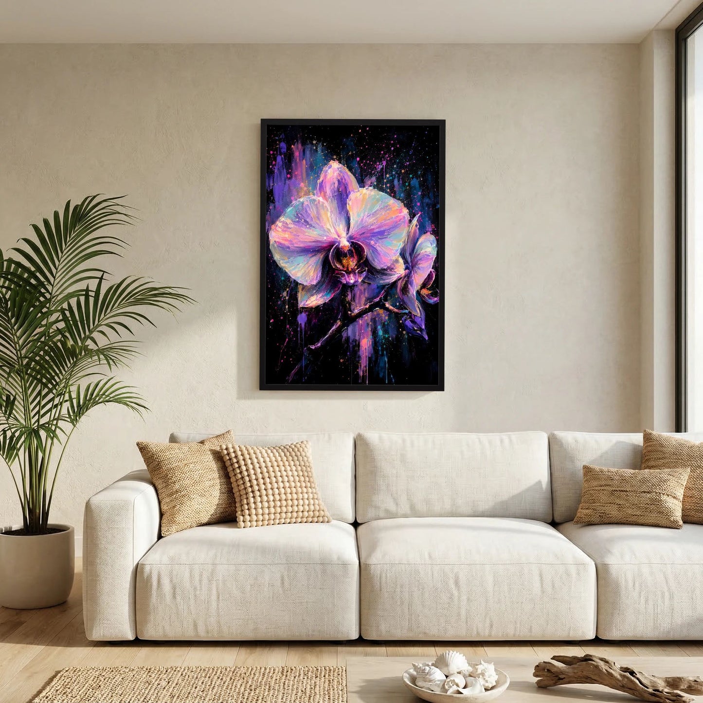 Kunstposter mit abstrakter Neon-Orchidee in Lila, Rosa und Blau im schwarzen Rahmen