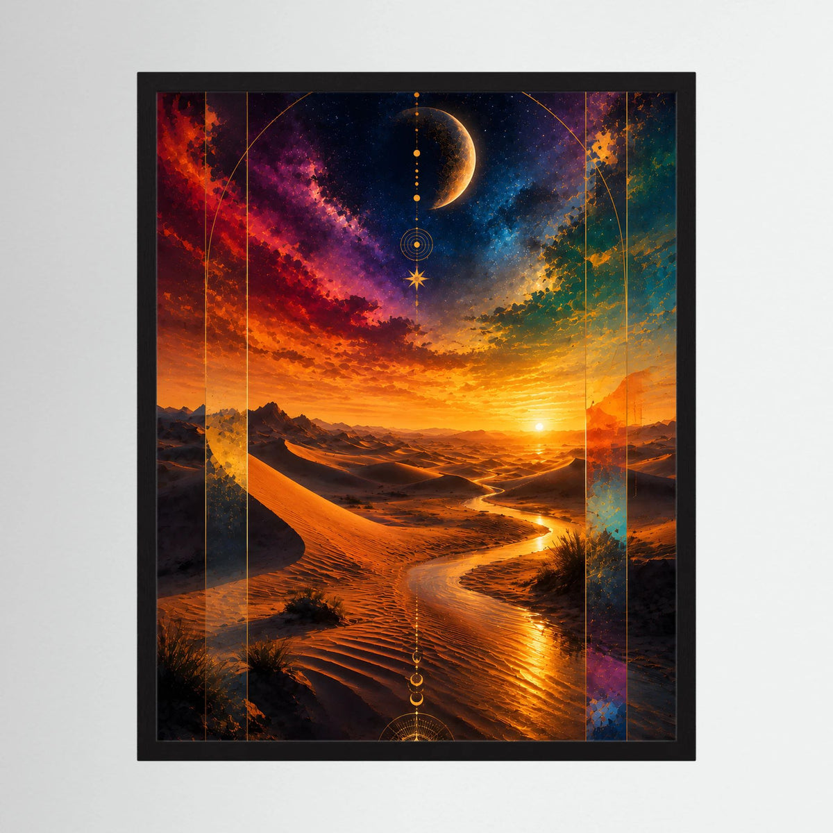 Gerahmtes Hochformat-Poster mit kosmischer Wüste, Halbmond am Himmel, Sonnenuntergang in Gold