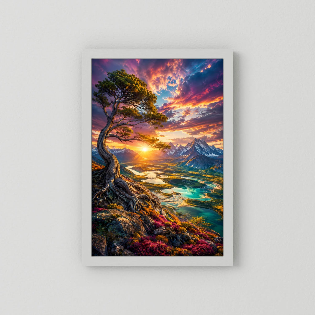 Majestätischer Baum über Bergtal | Leuchtender Sonnenuntergang & türkisfarbene Seen | Poster Hochformat