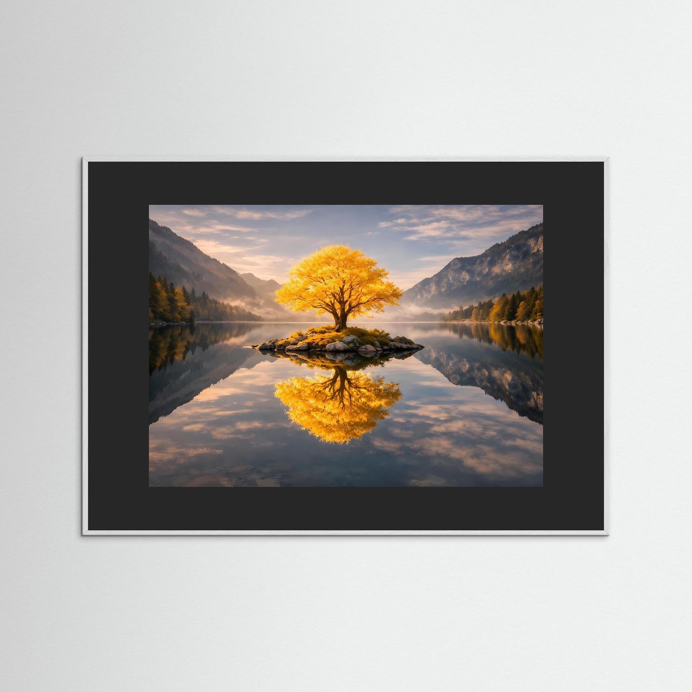 Wandbild: goldener Baum am See mit Spiegelung, schwarzer Rahmen
