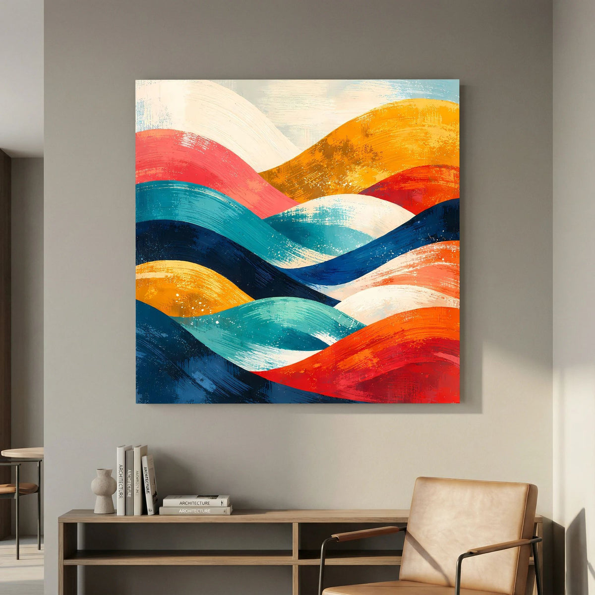 Abstraktes quadratisches Wandbild mit farbigen Wellenlinien und Hügelformen auf Holz