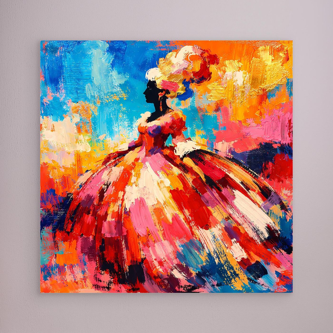 Buntes Leinwandbild, abstraktes Porträt einer barocken Dame, ohne sichtbaren Rahmen