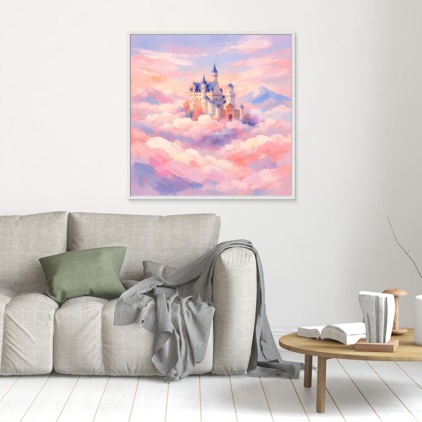 Leinwand Schloss Neuschwanstein über Wolken | Märchenhafte Pastelltöne Wandbild