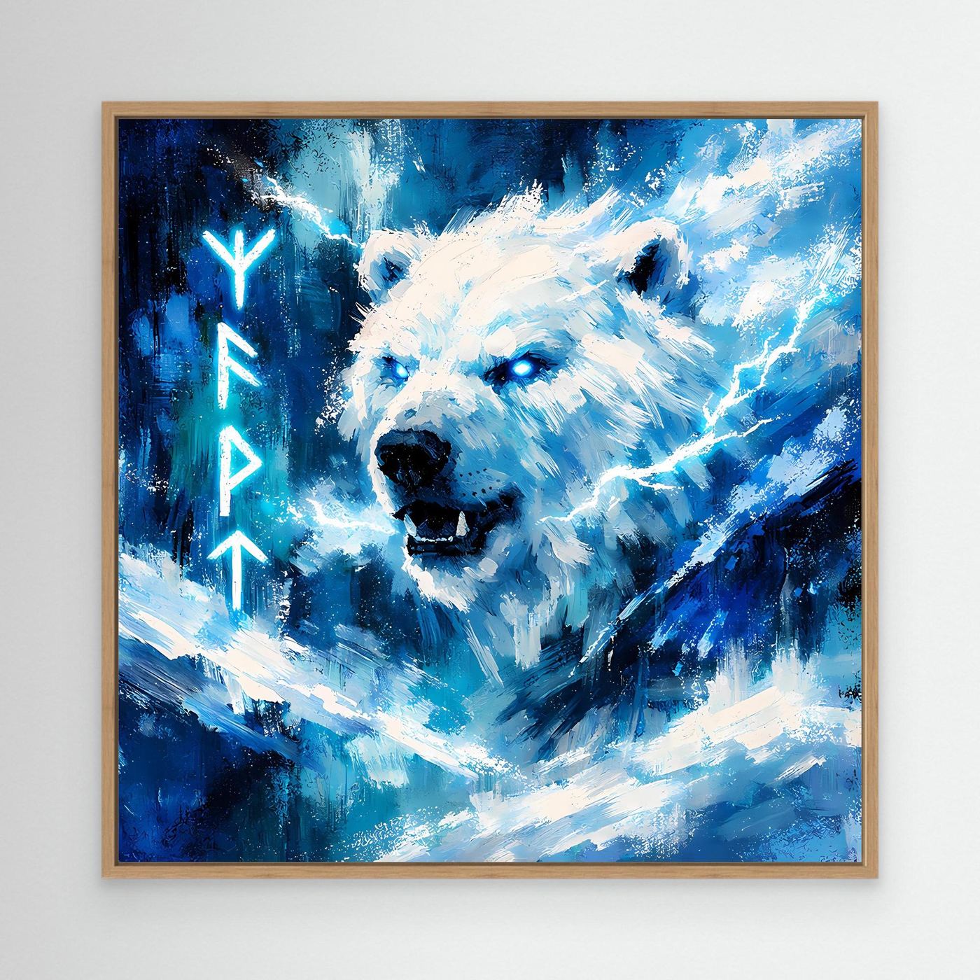 Leinwand-Wandbild mit Eisbär, blauen Runen und Nordlicht; Holzrahmen