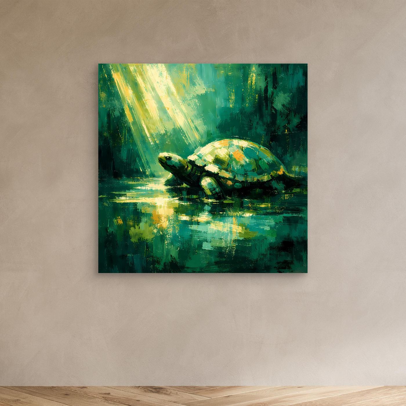 Leinwand Mystische Schildkröte im Lichtstrahl | Abstraktes Natur Wandbild Grün