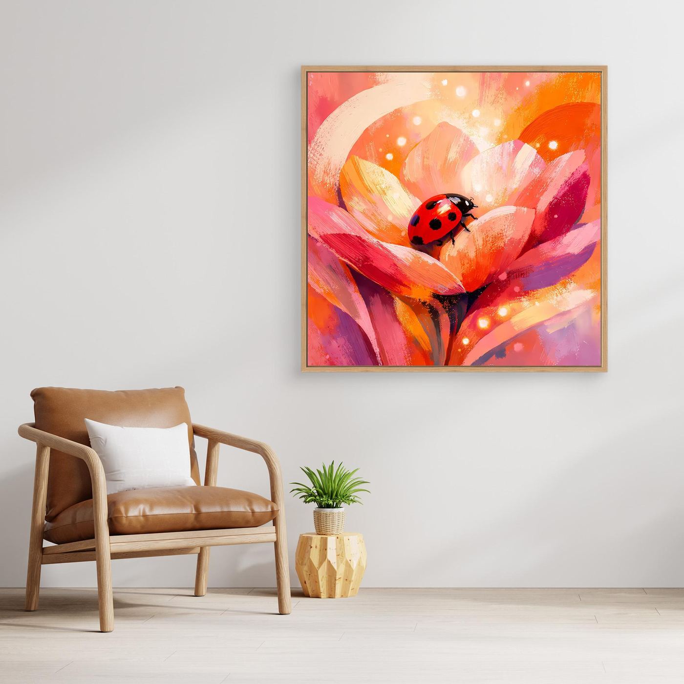 Gerahmtes Leinwandbild: Marienkäfer auf Blüte, kräftige Farbmischung aus Rot, Pink und Orange