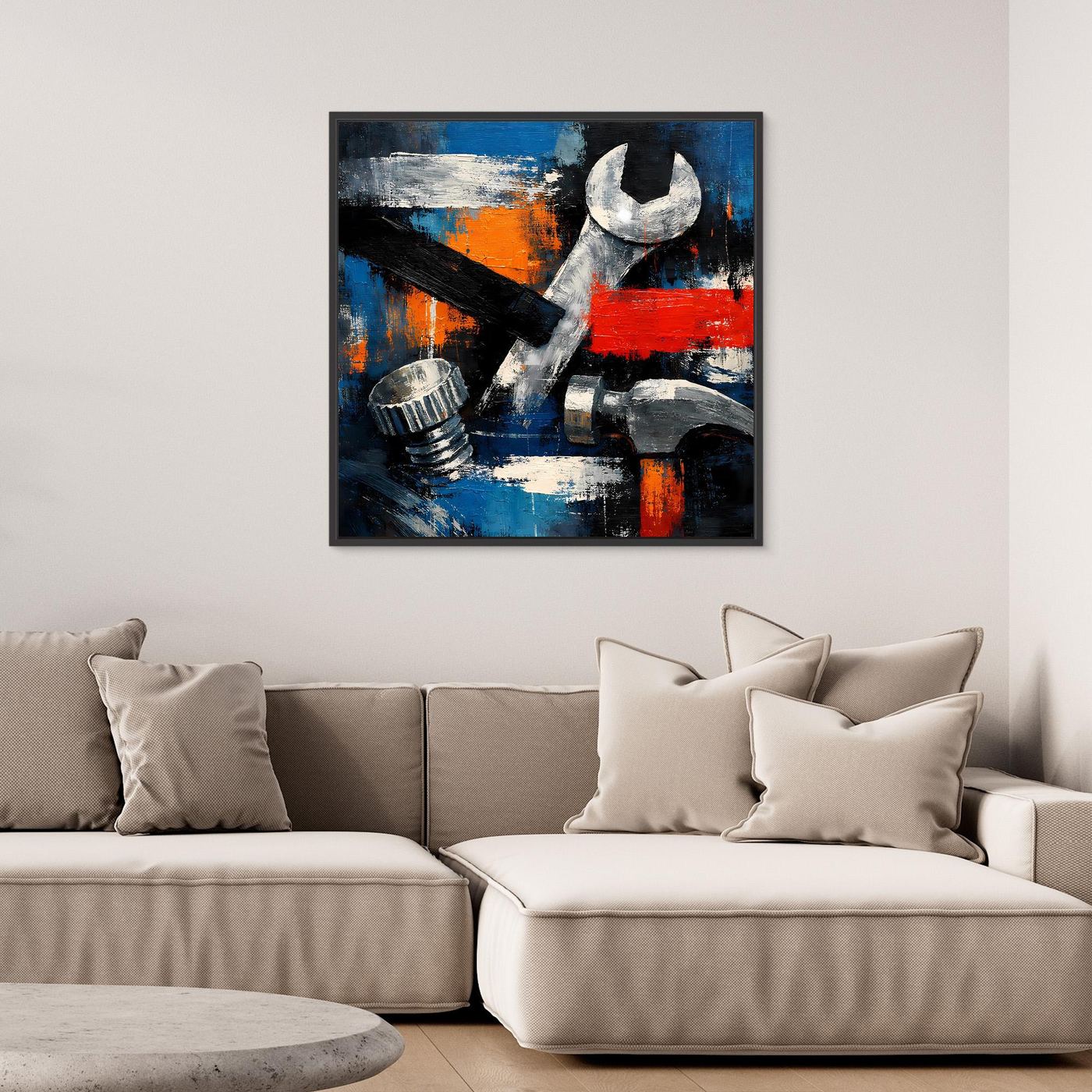 Square abstract tool wall canvas with wrench and hammer, blue and red splashes
