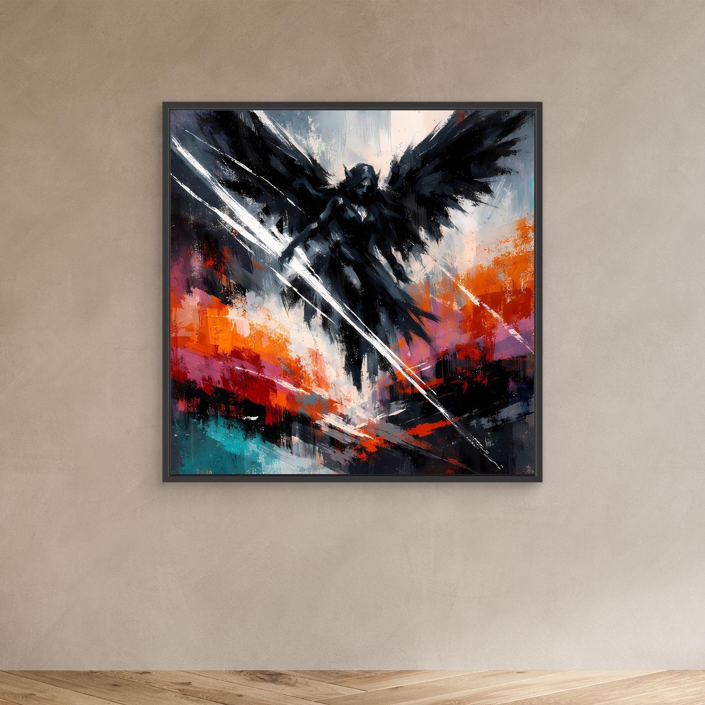 Fantasy-Wandbild im schwarzen Rahmen: dunkler Engel mit Flügeln, diagonalem Licht und Farbflecken