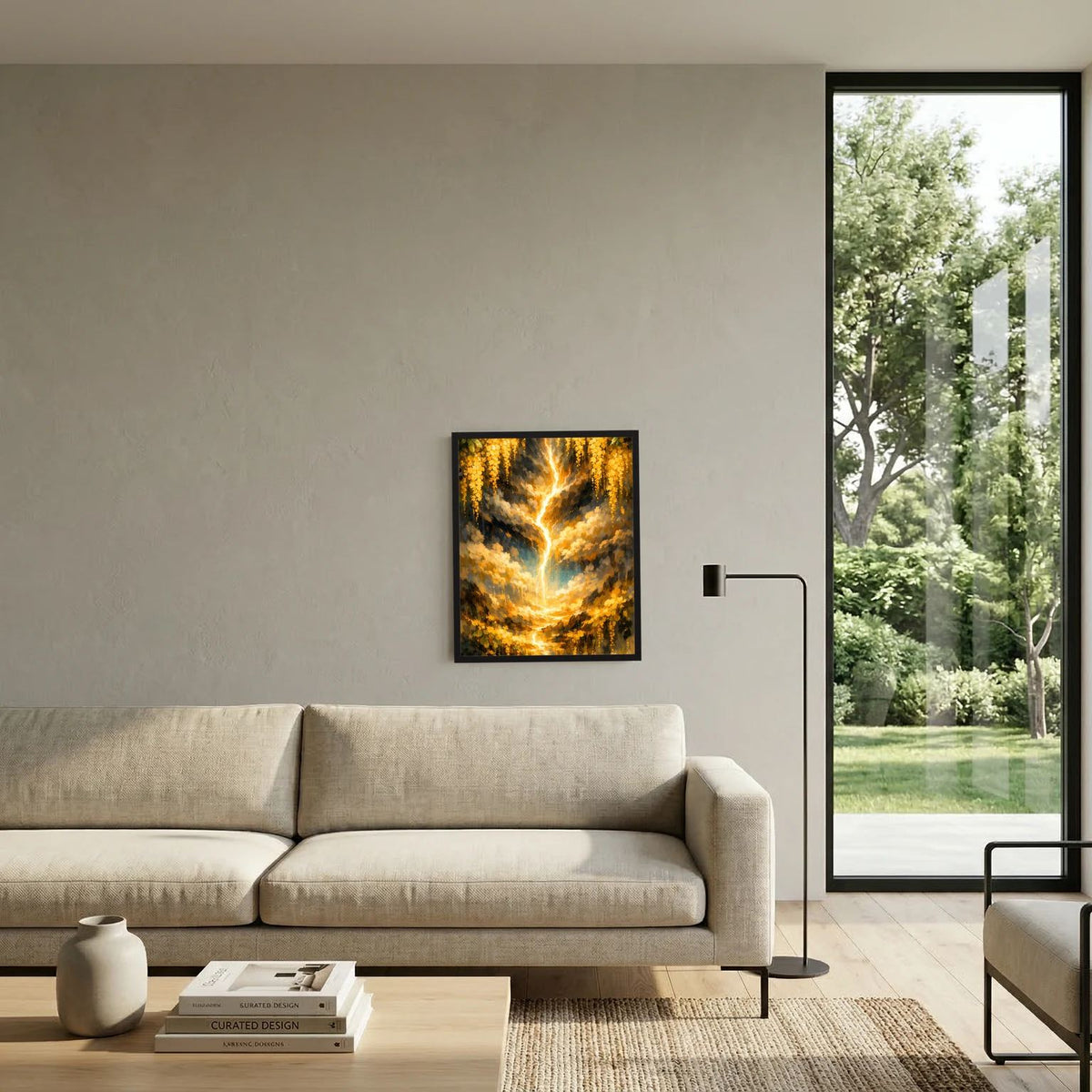 Wandbild mit leuchtendem goldenen Baum-Motiv im schwarzen Rahmen