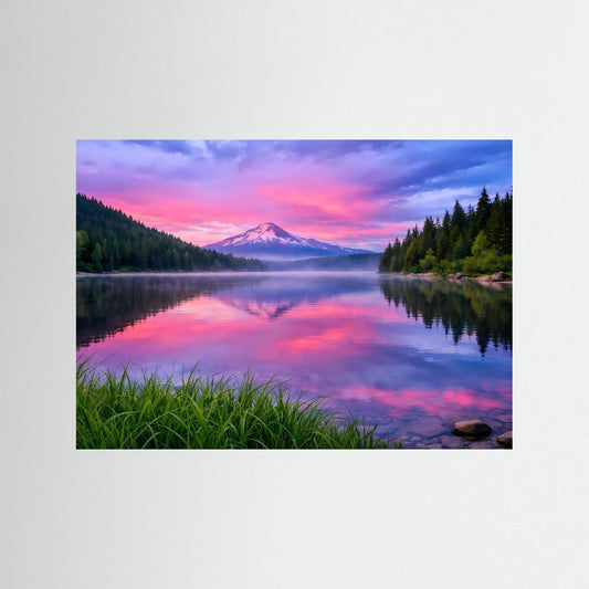 Wandbild ohne auffälligen Rahmen: Bergsee bei Sonnenuntergang mit Reflexion und Nebelschwaden.